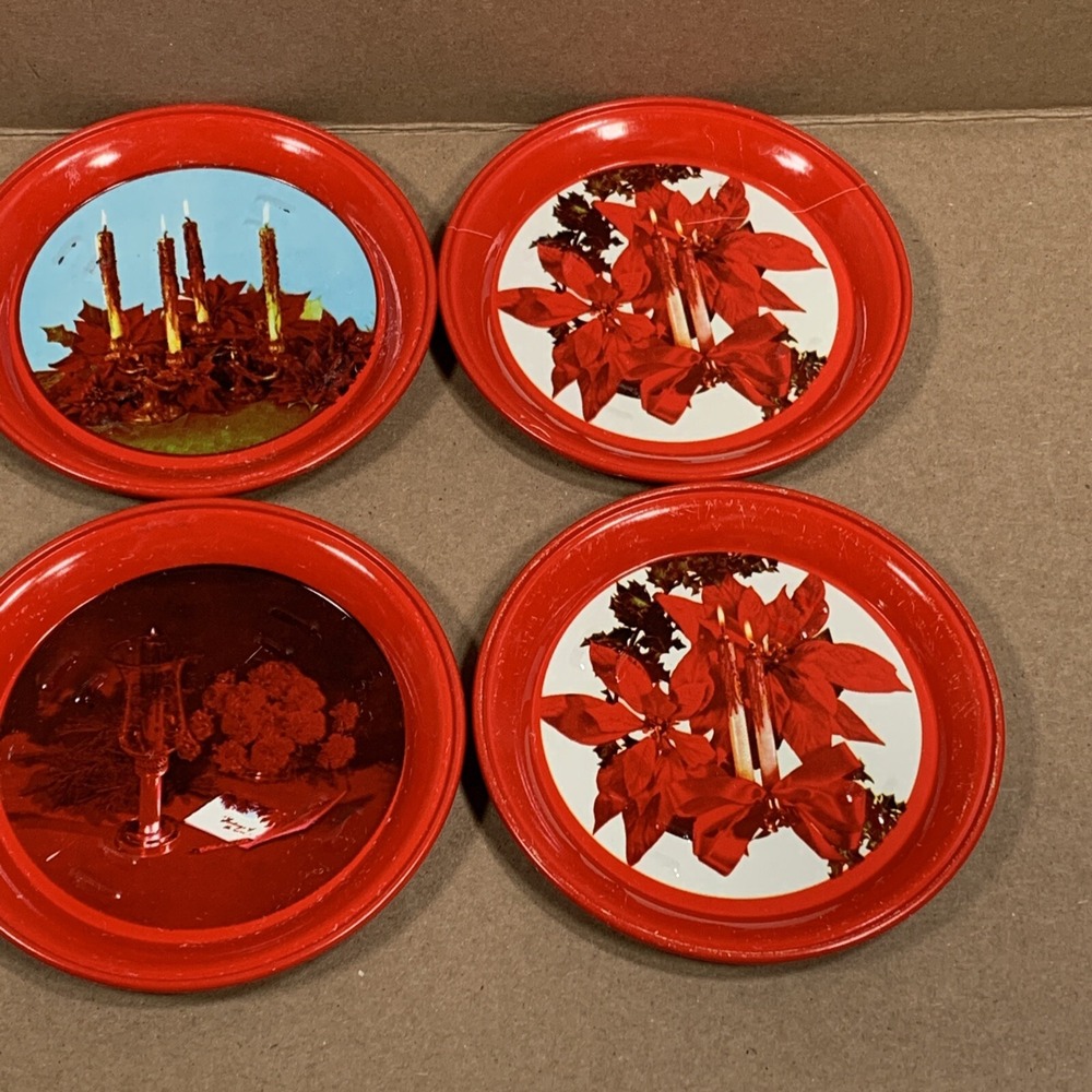 Vintage Christmas Coasters Set of 8 Red Holiday Poinsettia Candle Decor 1970s - Picture 7 of 11